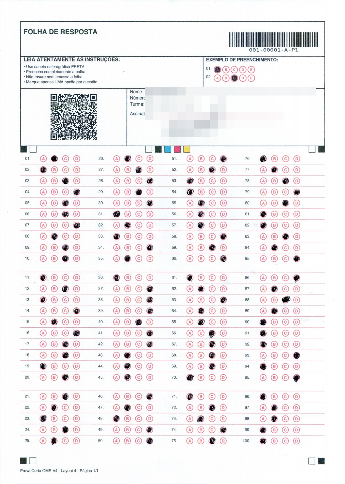 Folha de respostas escaneada: 100 questões preenchidas, QR code e código de barras no topo